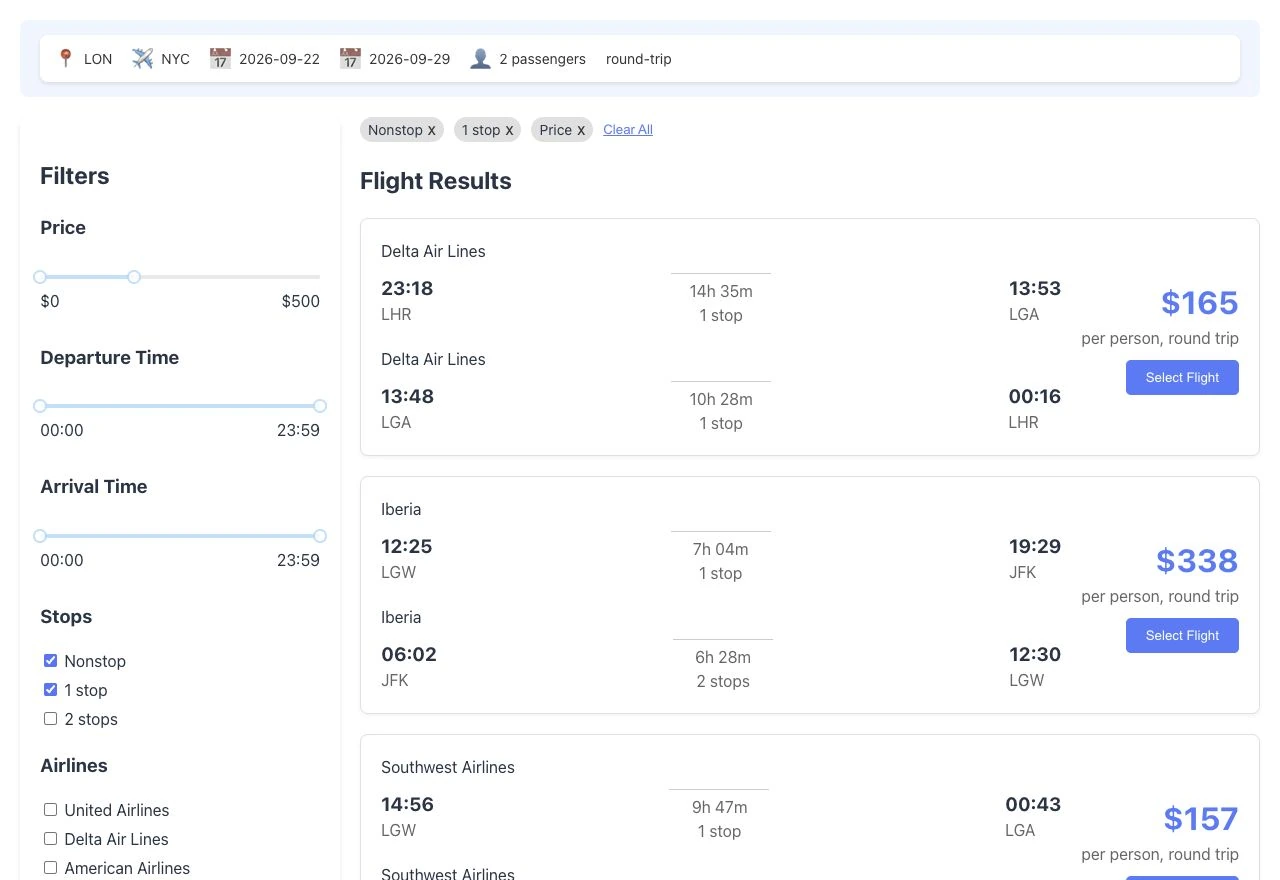 GoogleChromeLabs-Flugdemo mit Preisfilter bis 500 Dollar und Filtern für Direktflüge oder einen Zwischenstopp; die Flugangebote sind fiktiv.